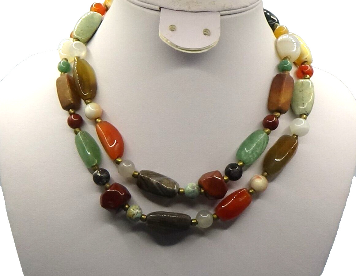 Vintage Beggar Beads Semi Precious Stone Necklace, Agate, Jasper, Jade, & More