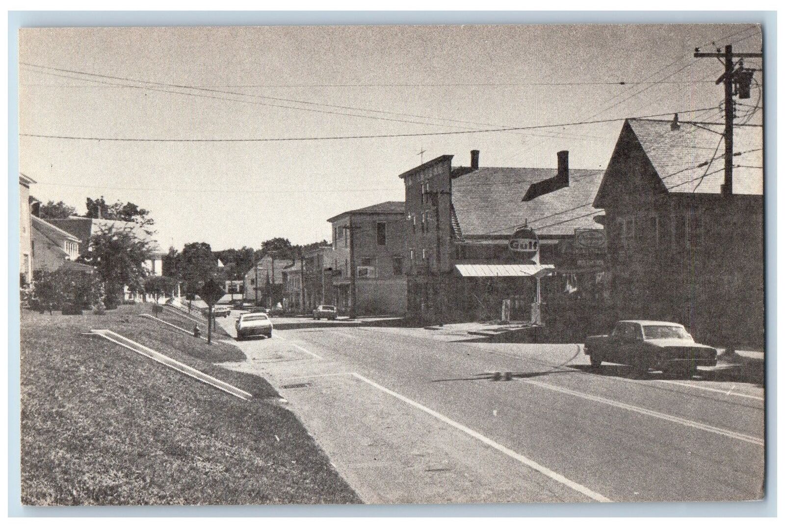 c1950's Main Street Looking South Cars Gasoline Station Monson Maine ME Postcard