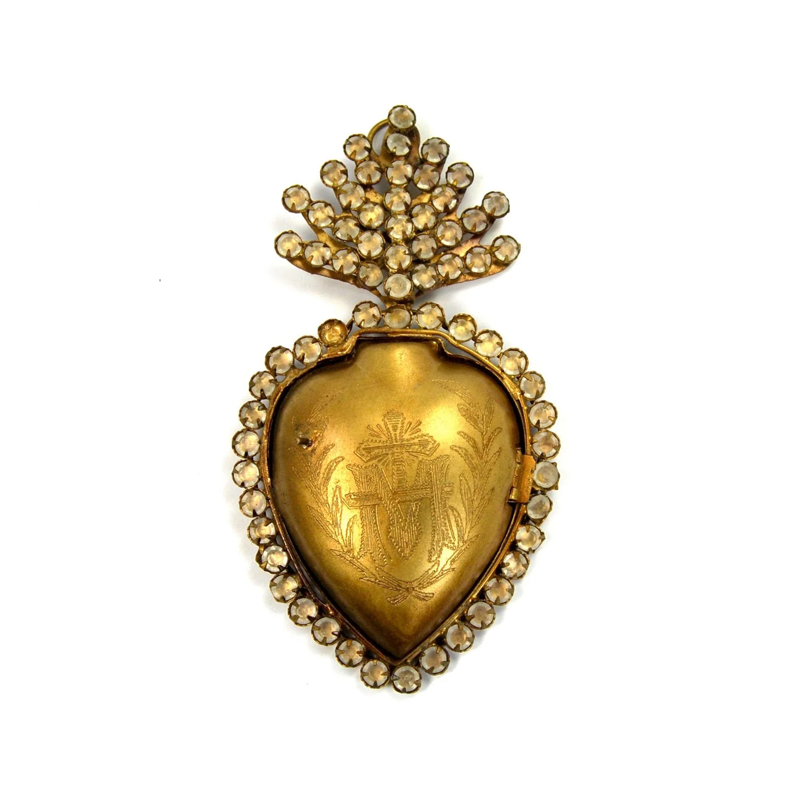 6in Rhinestone Sacred Heart Ex Voto Locket Ornament, Antiqued Gold Milagro