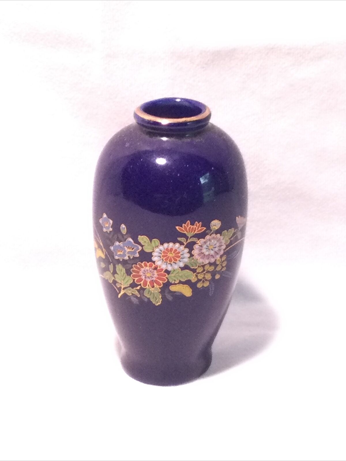 Vintage Cobalt Blue Flowers Vase Made In Japan Gold Accents ~ 4”