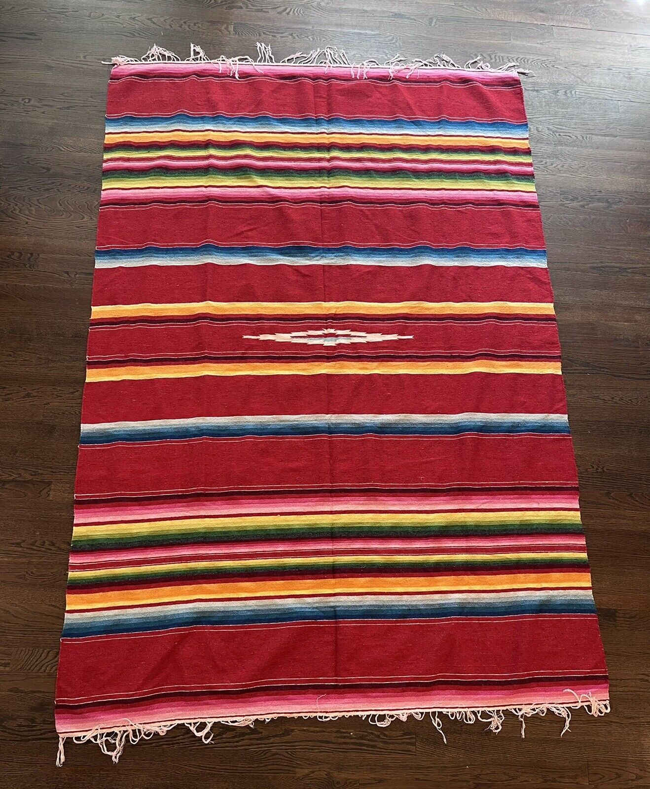 Large Vintage Handwoven Mexican Saltillo Sarape Multicolored Woven Blanket Red