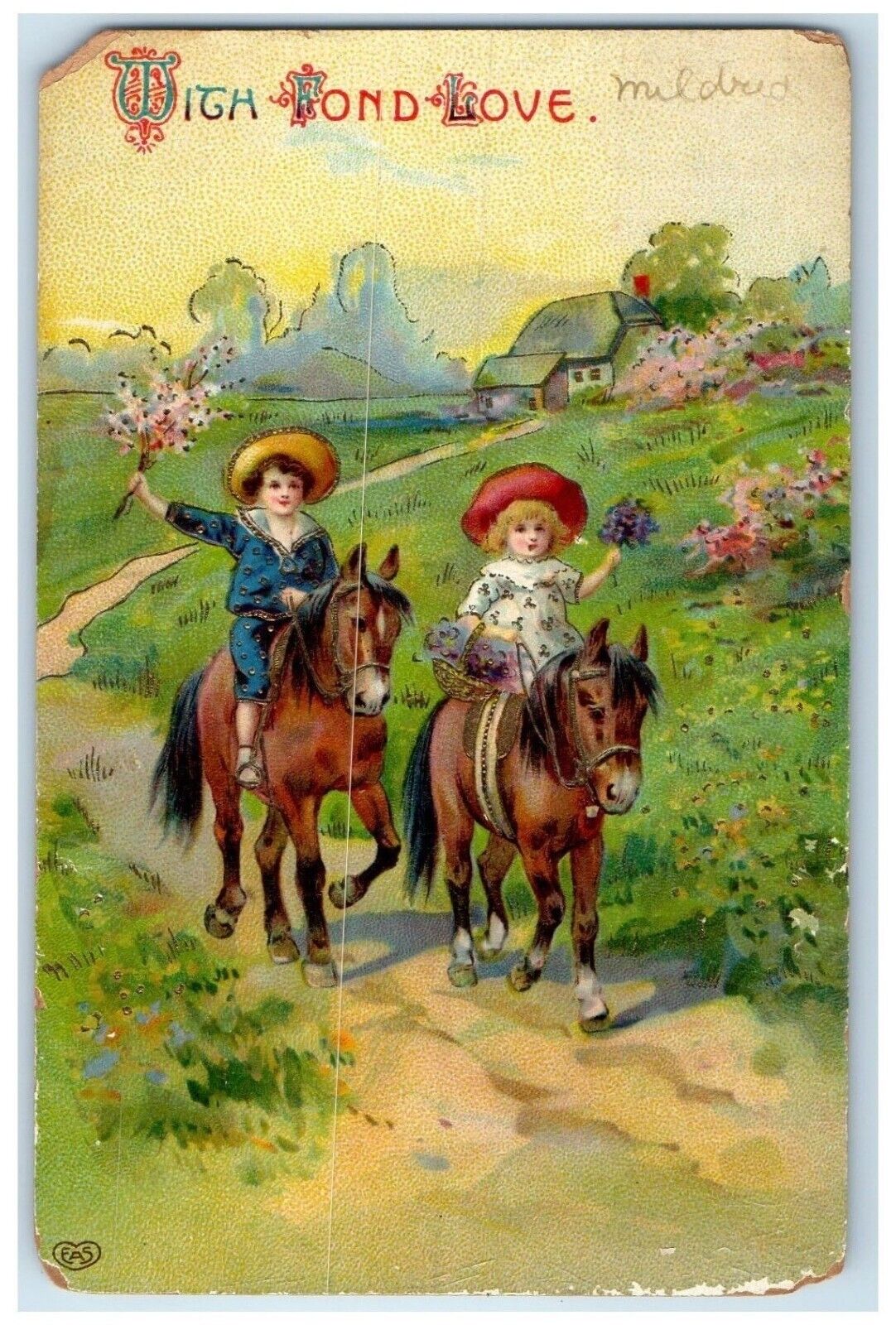 c1910s Children Riding Horse With Flowers Embossed Gel Unposted Antique Postcard