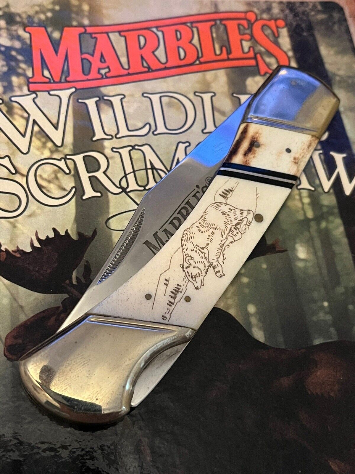 Vintage MARBLES Wildlife Series Scrimshaw HUGE 5” Lock Blade NEWinBOX