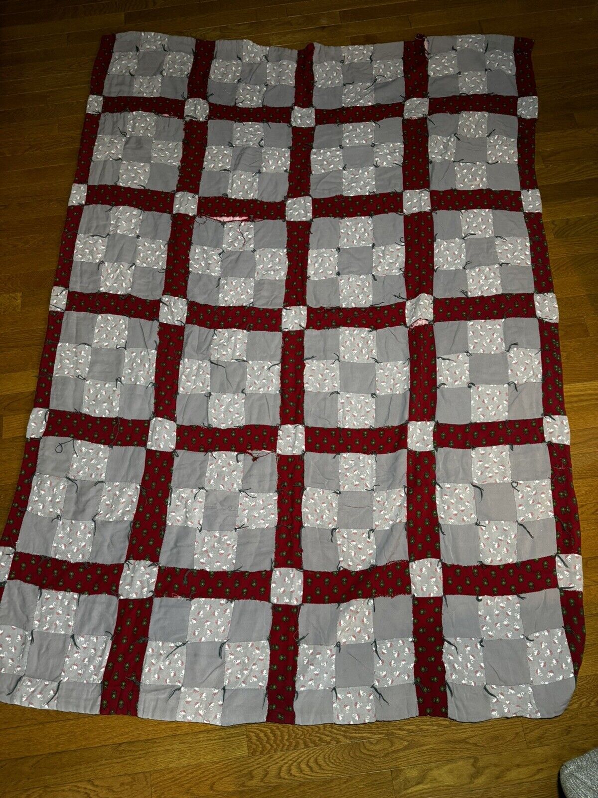 Vintage Quilt Handmade Squares 74”x 54” Stitched Flowers Cotton * Fixer Upper *