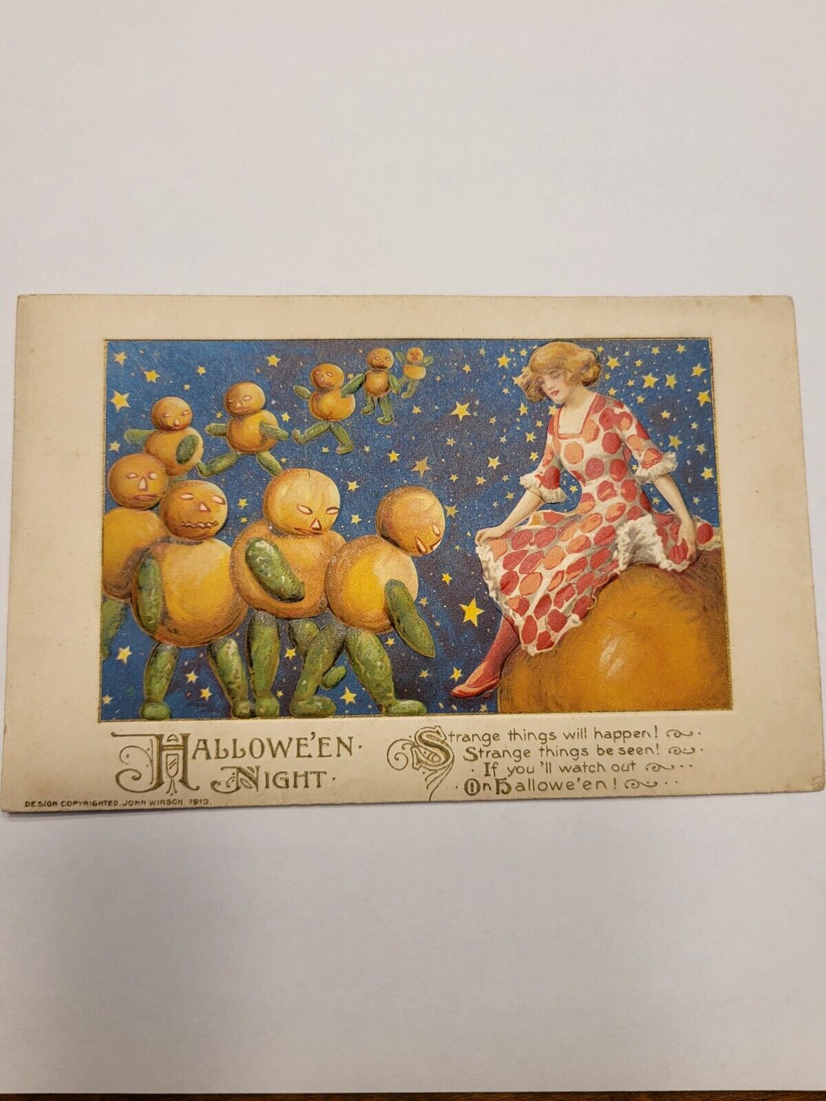 Antique HALLOWEEN POST card John Winsch 1913 Raised Pumpkin People W/lady & Star