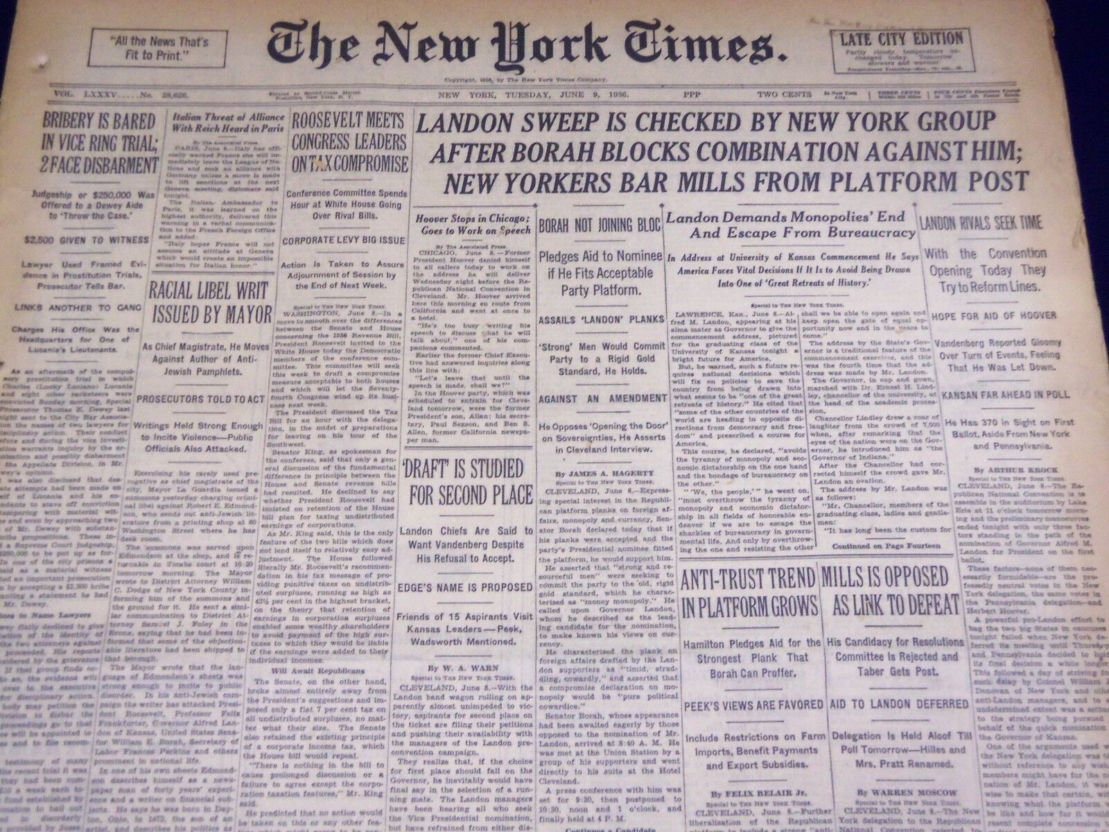 1936 JUNE 9 NEW YORK TIMES - LANDON SWEEP IS CHECKED - NT 4038