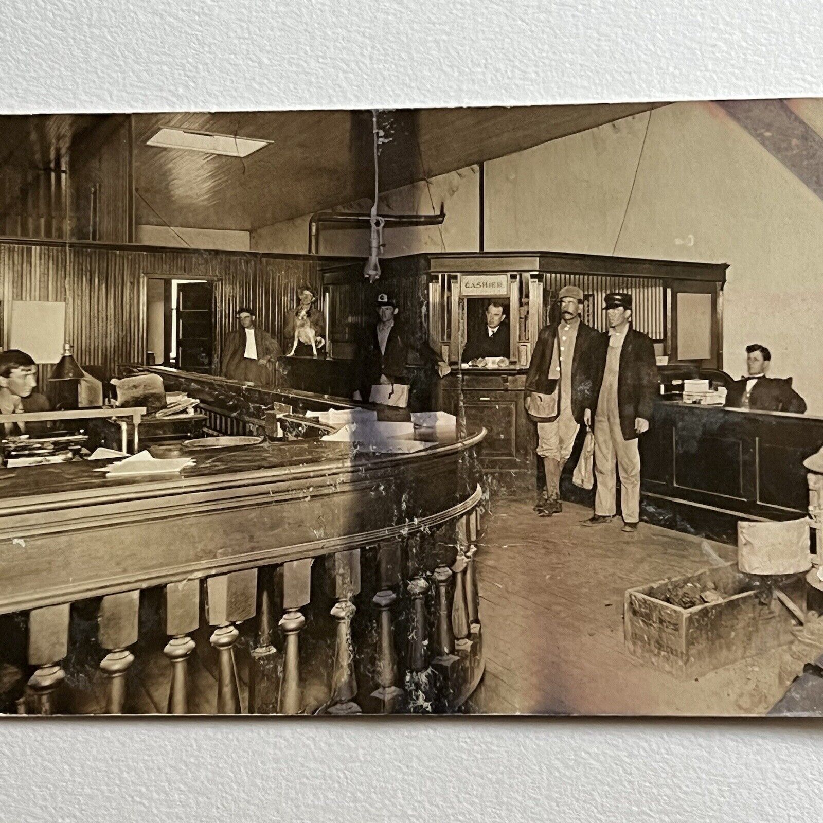 Antique RPPC Real Photograph Postcard Bank Interior Men Dog Cashier Occupational