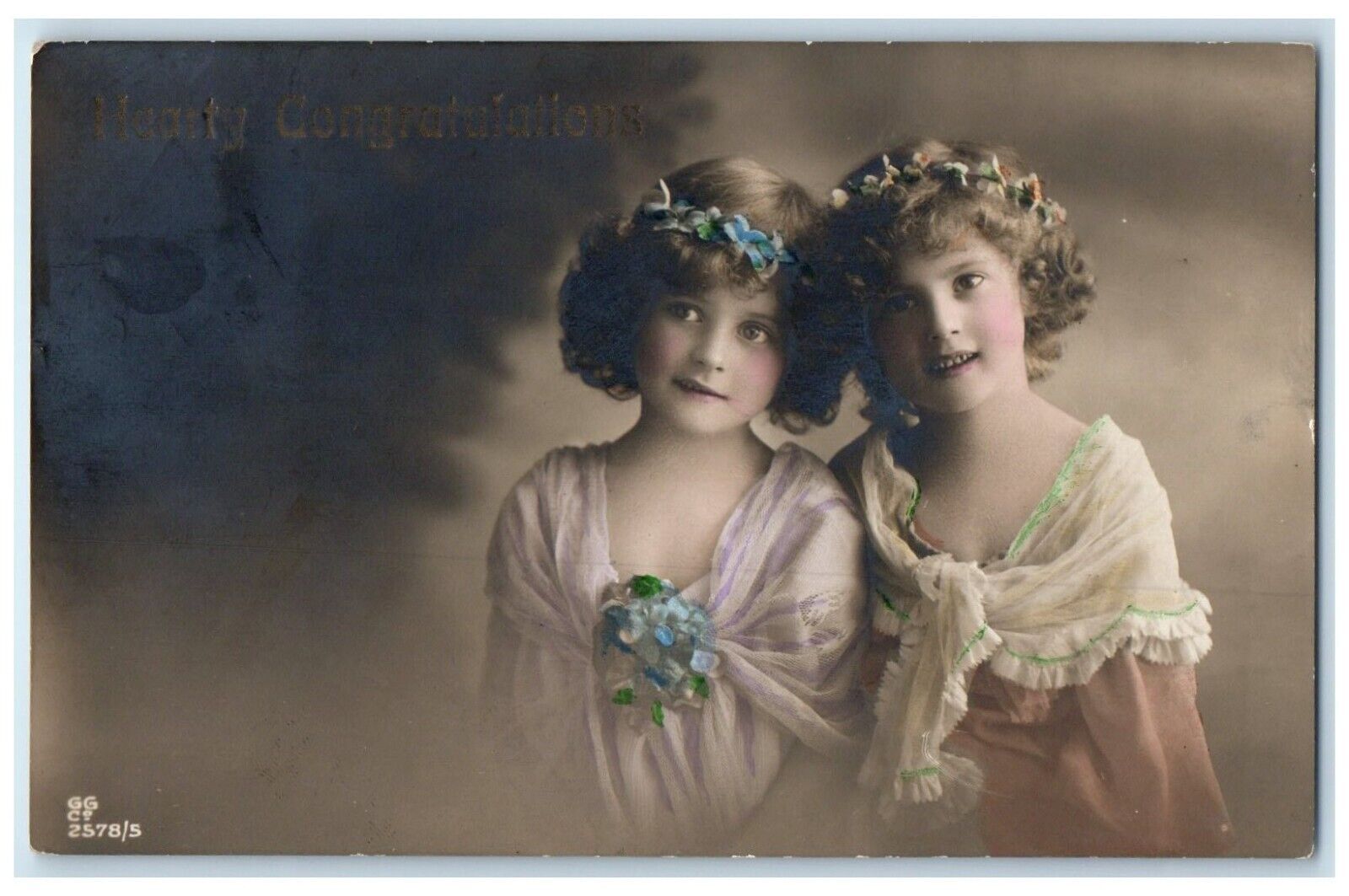 1916 Congratulations Cute Little Girls Studio Campbell MN RPPC Photo Postcard