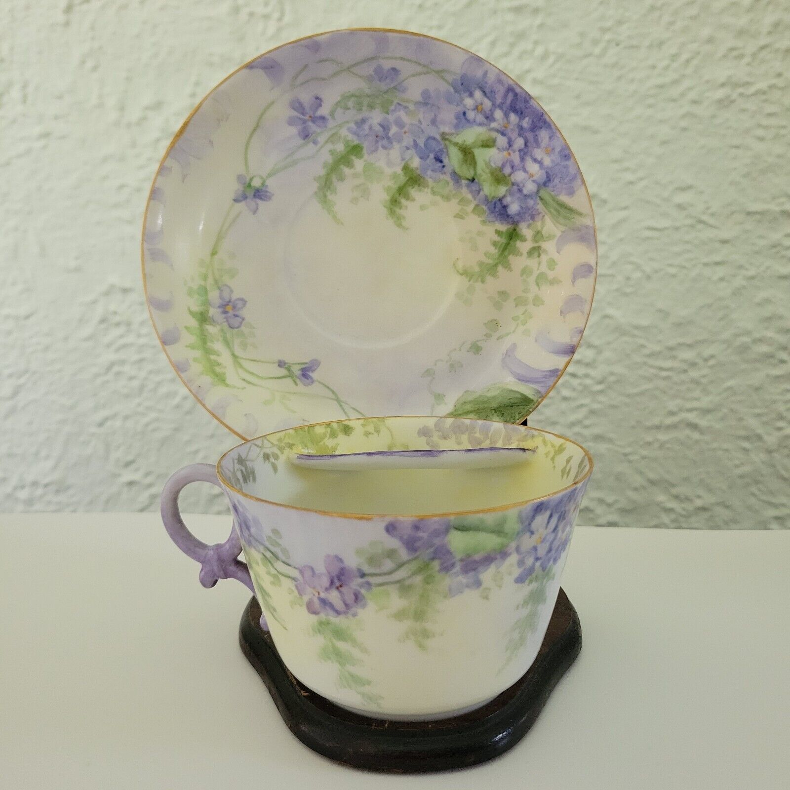 Vintage T&V France Limoges Mustache Cup & Saucer Floral gold trim purple flower