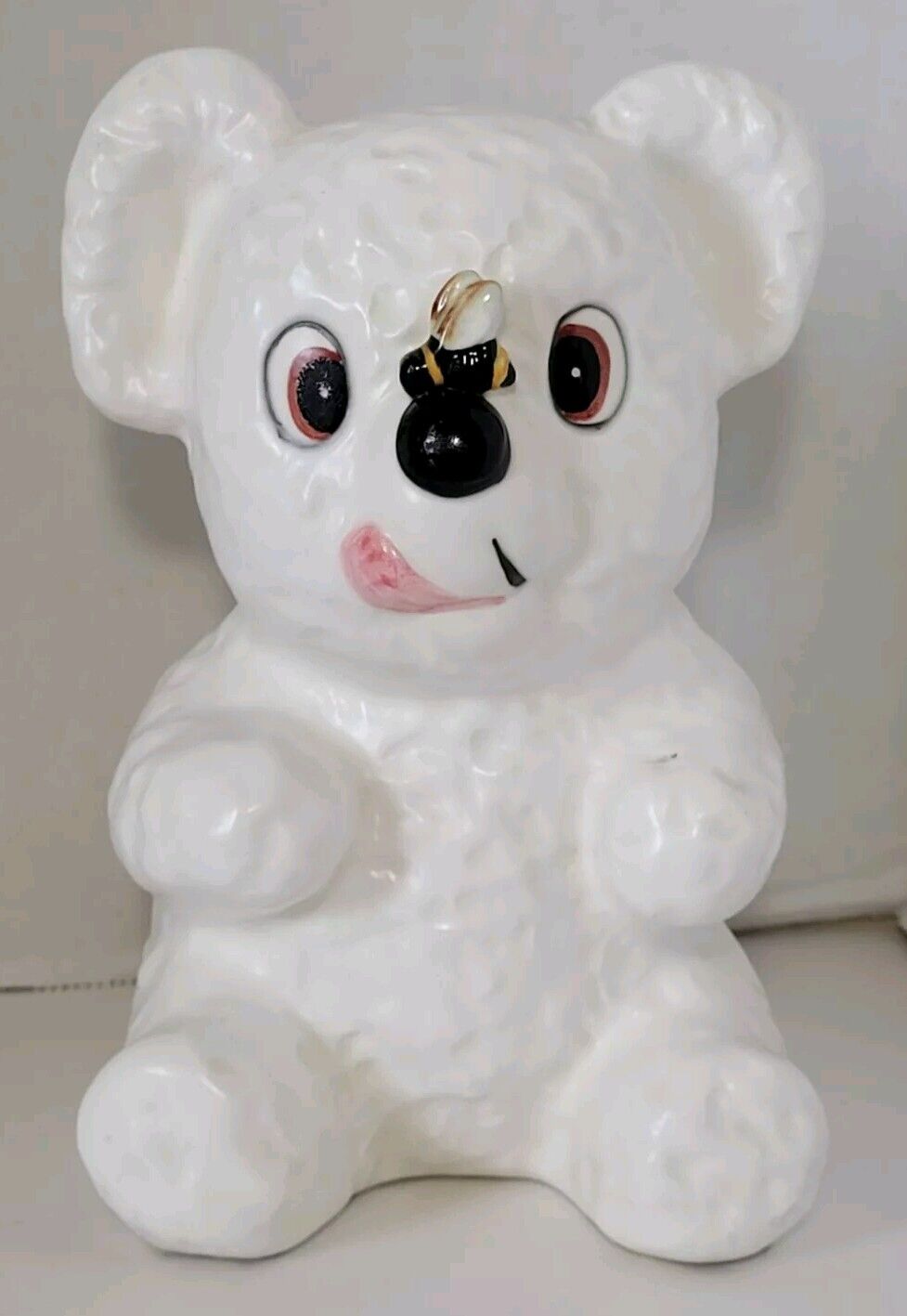 Vintage Inarco White Teddy Bear Planter Bee On Nose