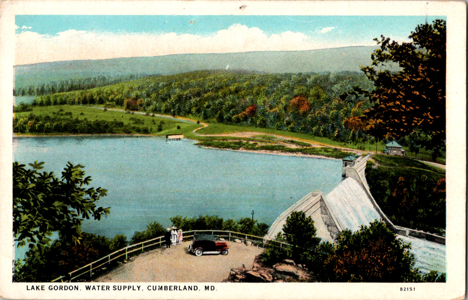 Vintage C. 1920\'s Old Car Family View Lake Gordon Water Supply Dam MD Postcard