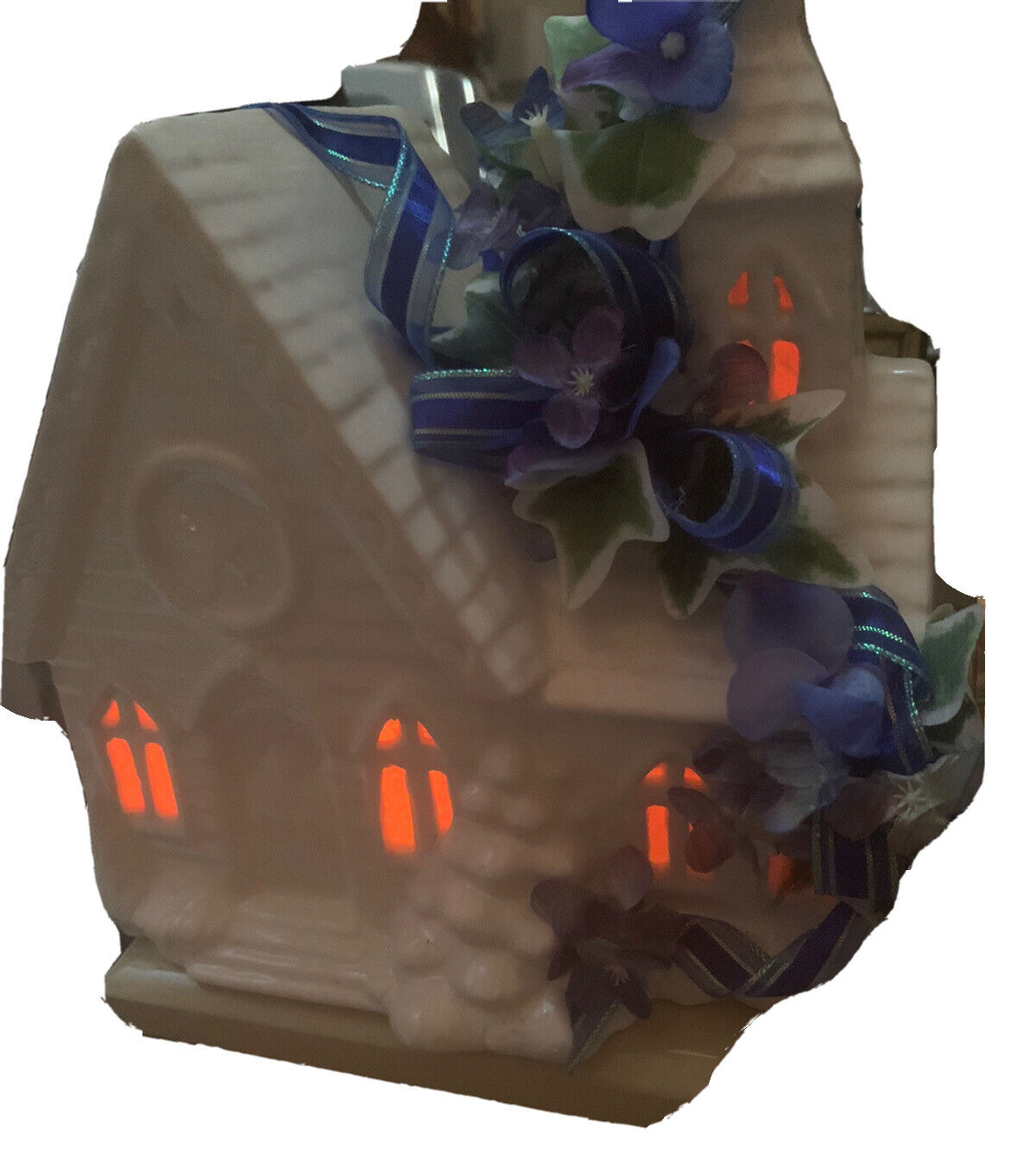 Ceramic Church Music box lighted Plays Amazing Grace Embellished Blue Floral