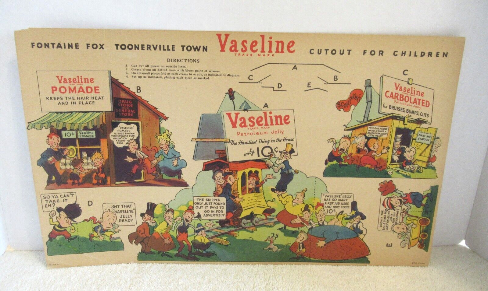 VINTAGE 1930s FONTAINE FOX~TOONERVILLE TOWN CUTOUT for CHILDREN~VASELINE POMADE