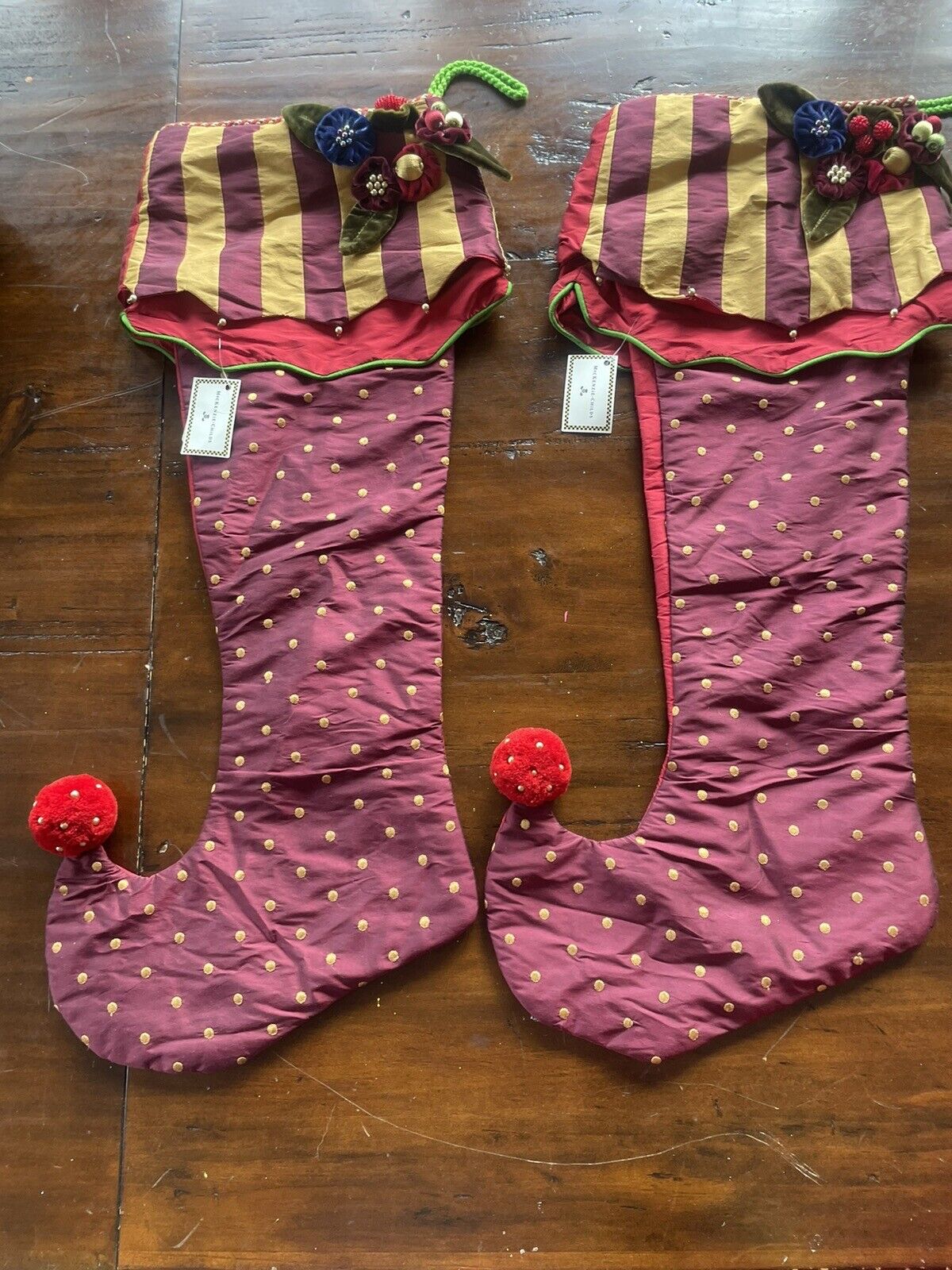 Pair Of (2) MacKenzie Childs Marzipan Burgundy Dot Christmas Stockings Retired