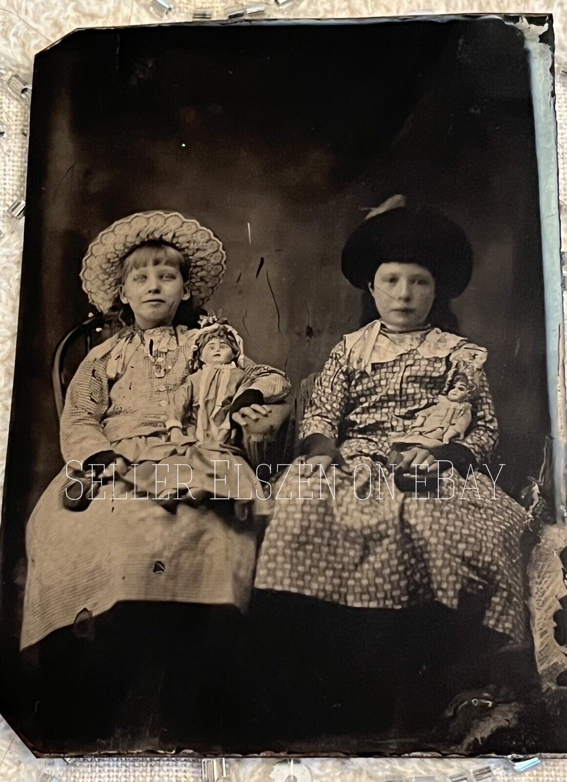Antique 1870s Or 80s Tintype Of Two Girls With Dolls One Possibly French Bebe?