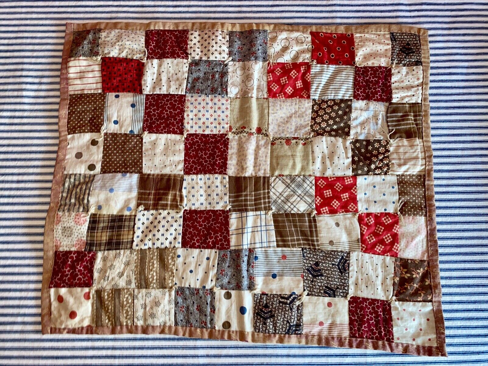 19th C. Red & Brown Calico Doll Quilt, 72-Patch, HAND-SEWN Primitive Antique