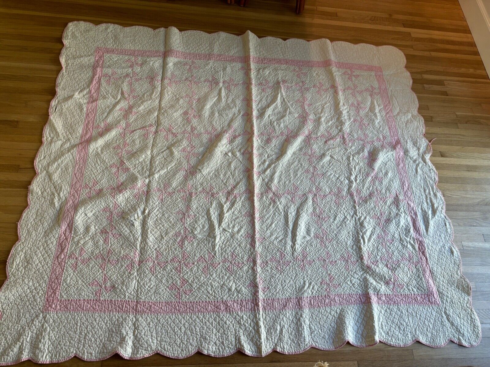 vintage handmade pinwheel quilt pink and white 76 in x 67 in