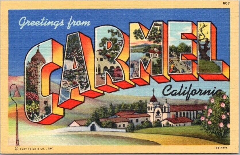Vintage 1940s CARMEL California Large Letter Postcard Piltz Linen / Unused