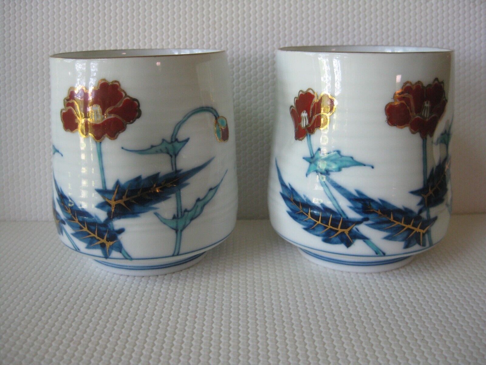 Arita Yaki Ware Japanese Porcelain Sake Tea Cup Set (2) Thumb Indent Floral Gilt