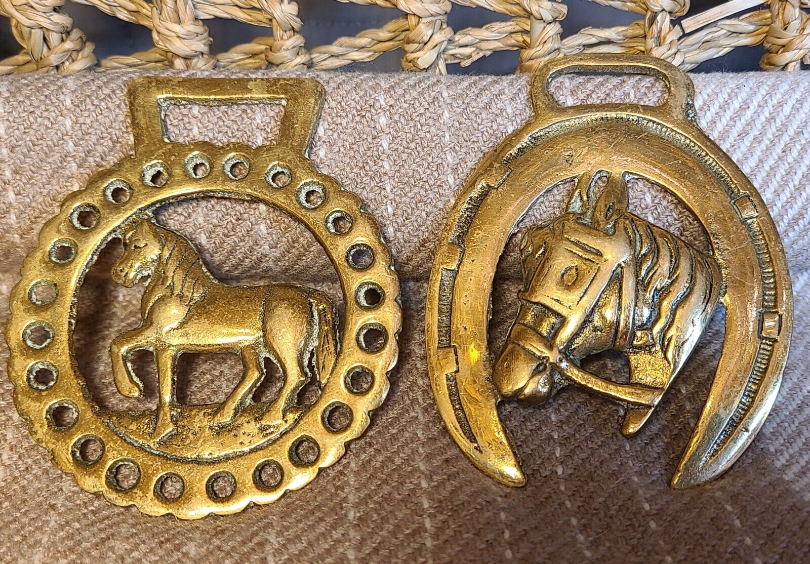 2 Vintage Brass Horse Medallions Head & Full Body Picture Decoration For Harness