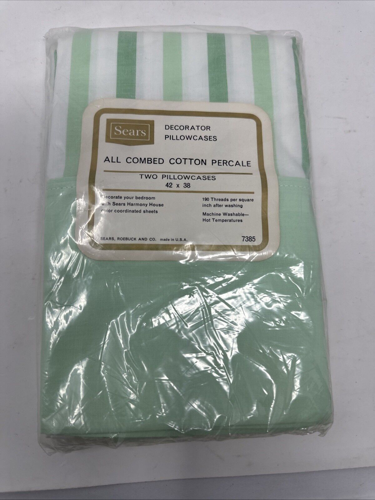 Vintage Sears 7385 MCM Decorator Pillowcases 42x38, New In Package Green Striped