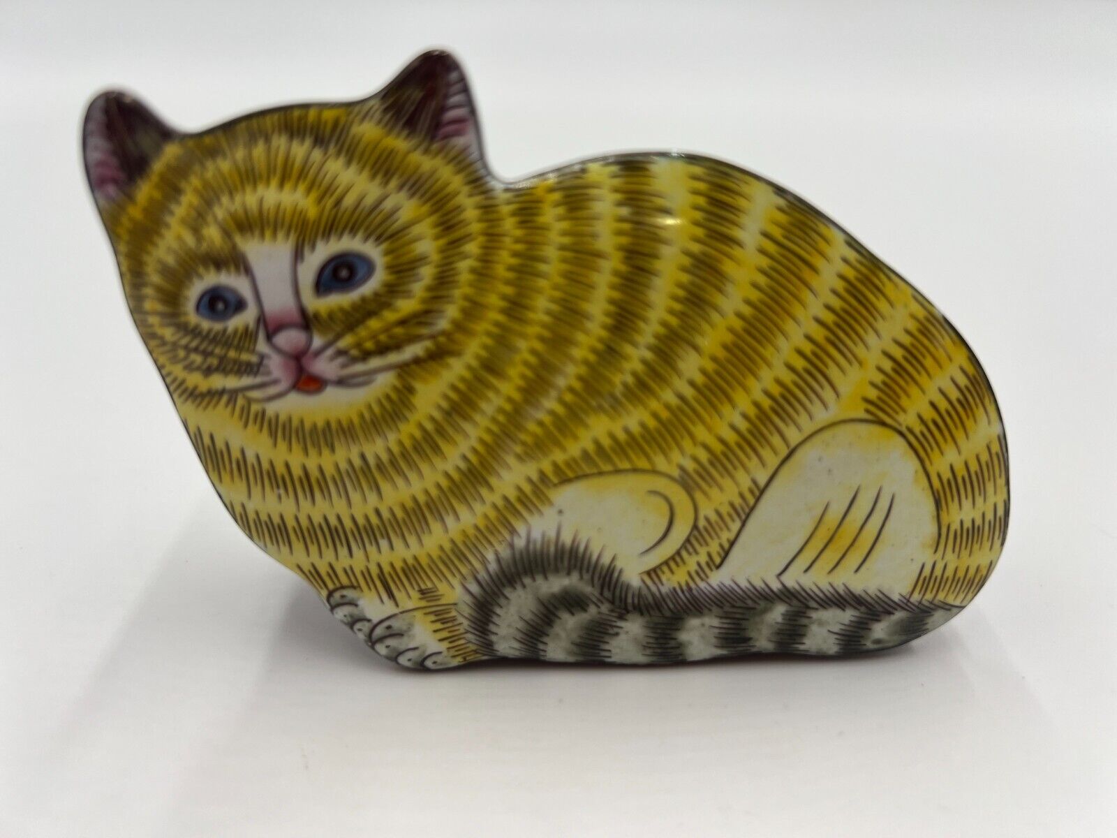 Vintage Enamel Yellow Tabby Cat Trinket Box