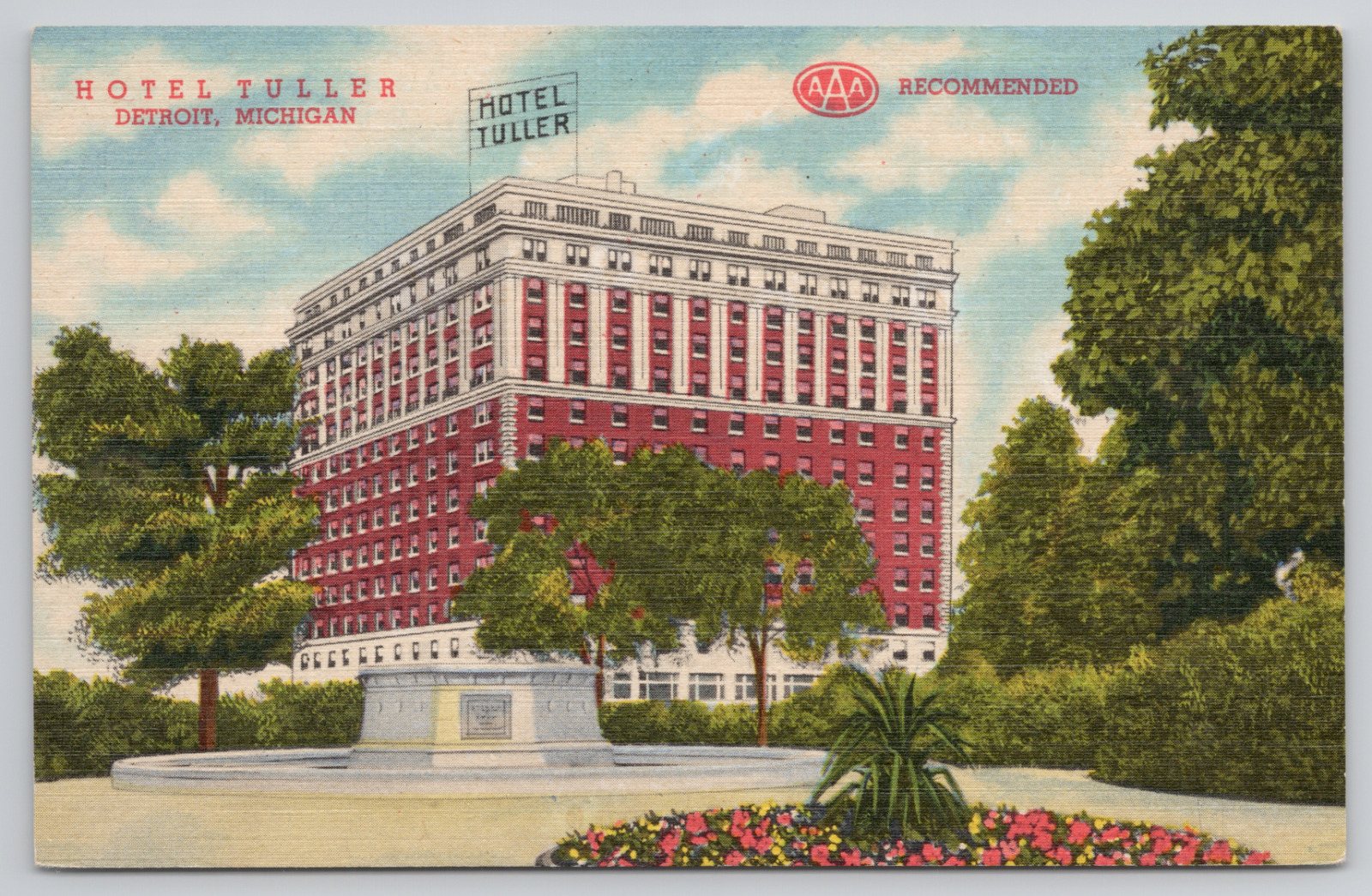 Detroit Michigan Hotel Tuller AAA Recommended Linen Postcard