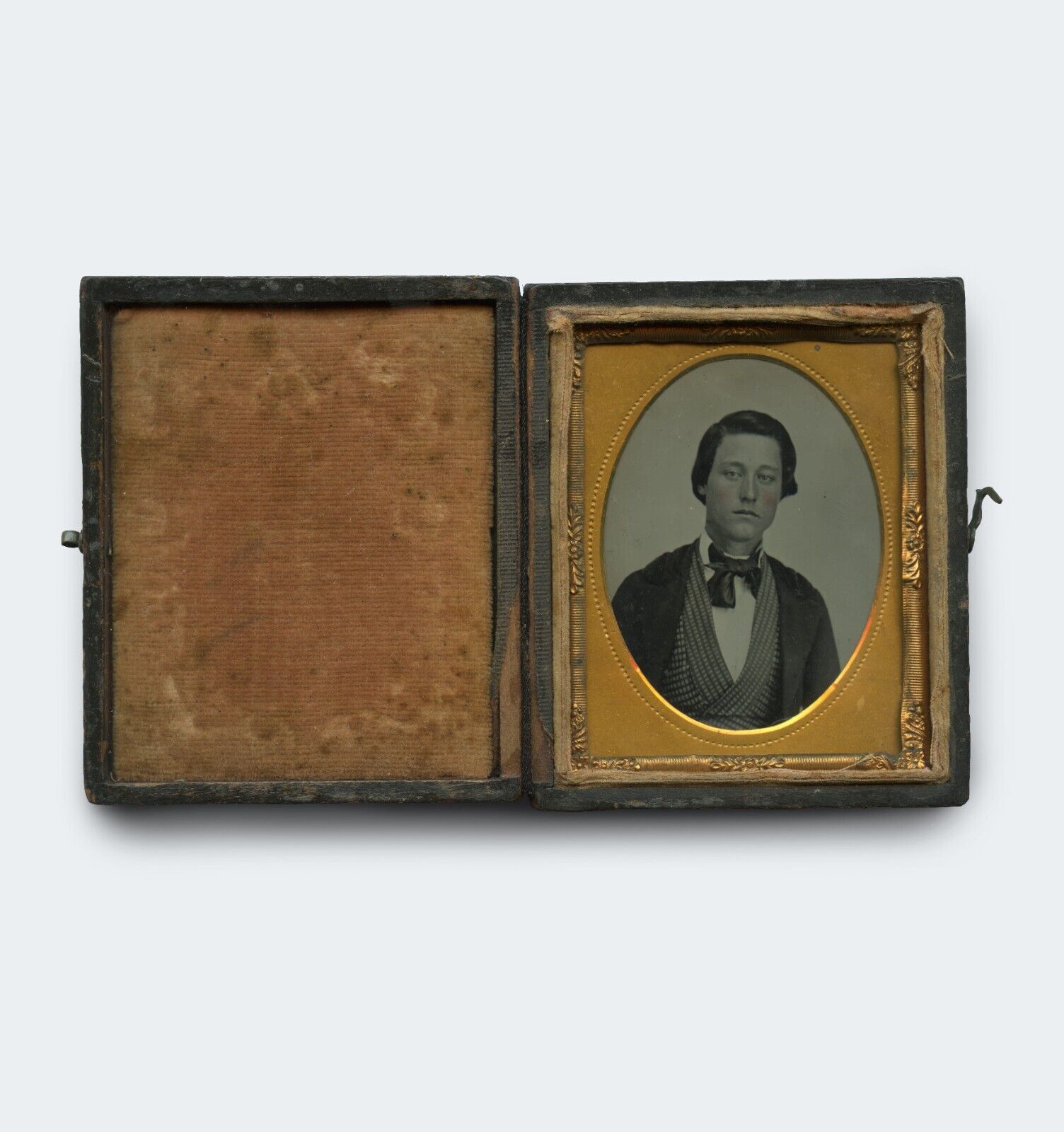 Antique 1850s Ninth Plate Union Case Tintype - Handsome Boy with Luxe Cravat