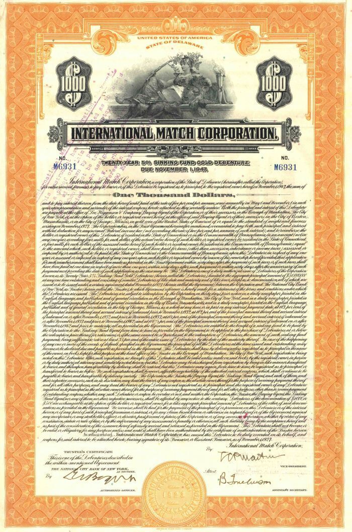 International Match Corporation - $1,000 Gold Bond - Great History - Kreuger & T