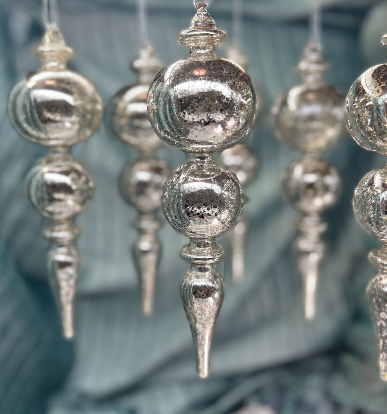 Silvered Mercury Glass Finial Ornaments Set of SIX Christmas Ornaments