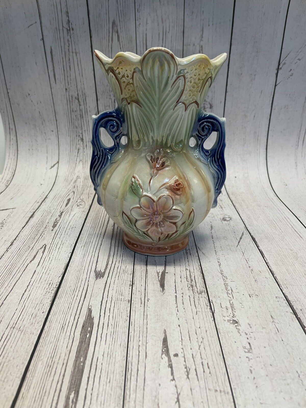 Vintage Lusterware Iridescent Vase With 3 D Applied Flowers 8 1/2 in