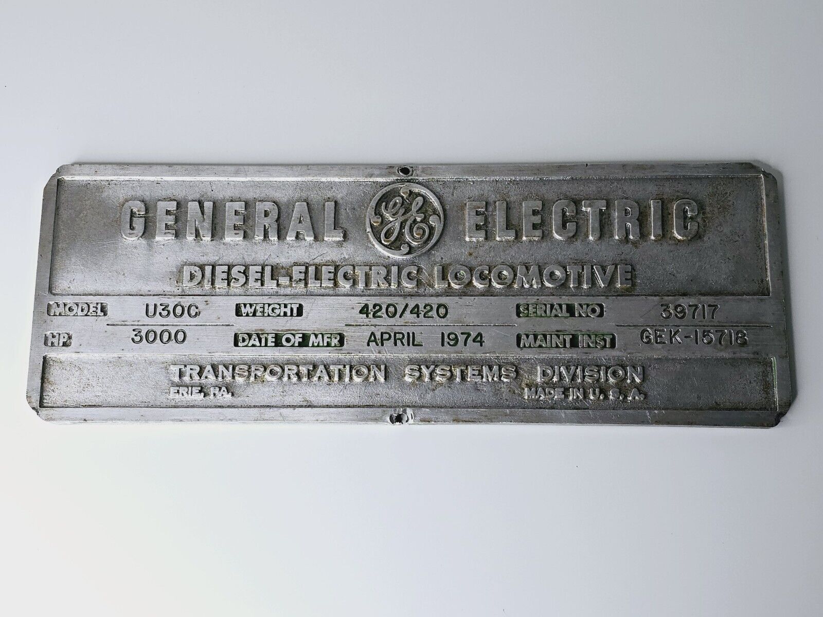 GE General Electric - Diesel Electric Builders Plate - 1974 - Model #U30C