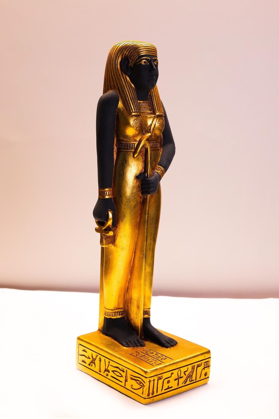 Black and Gold Egyptian Hathor Goddess holding WAS-Scepter and the Egyptian Ankh