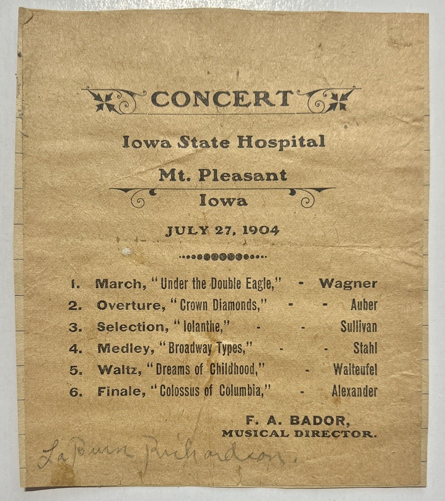 Iowa State Hospital Concert Mt Pleasant 1904 Da Bador Musical Director Program