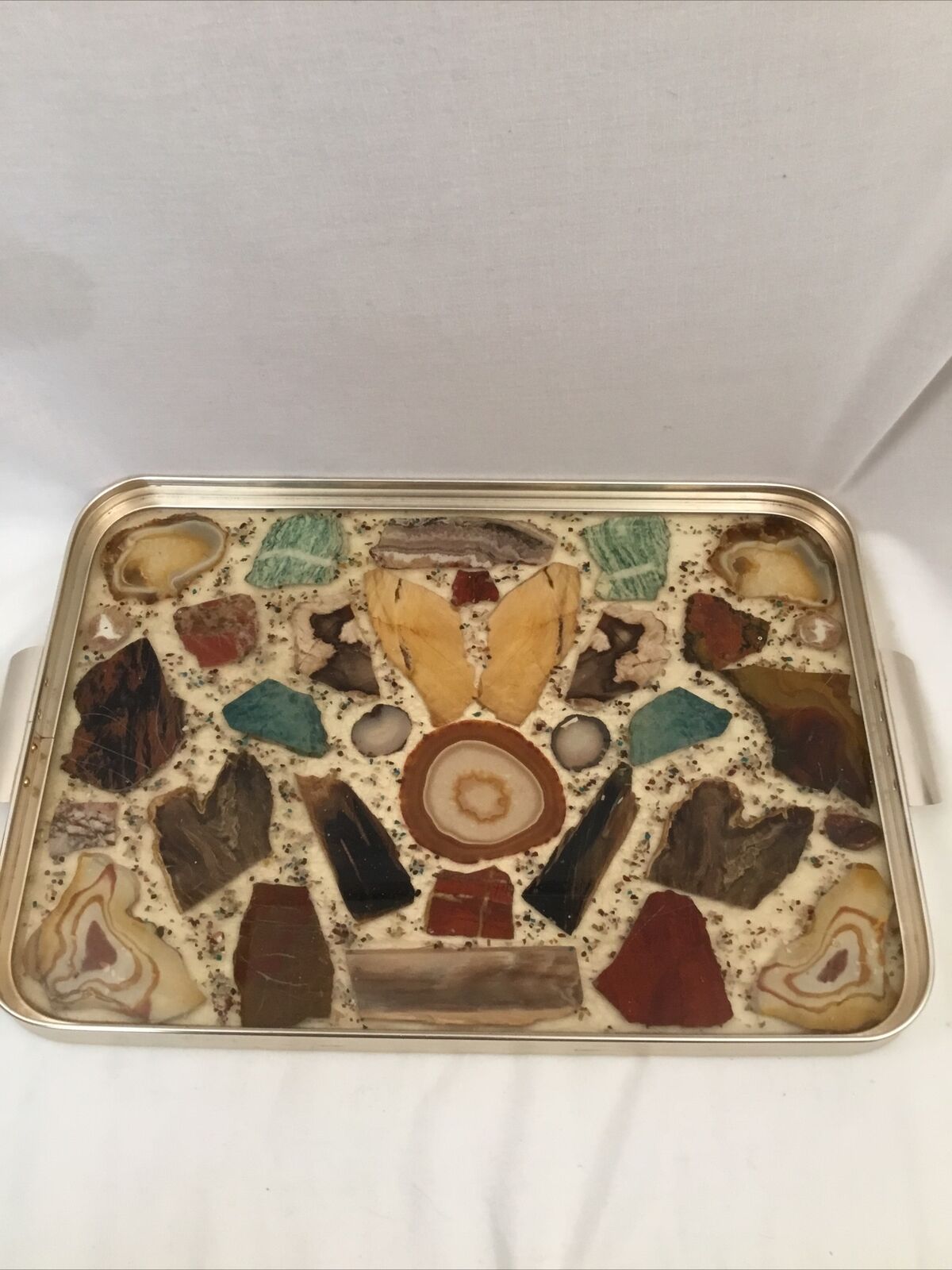 Vintage Acrylic Resin And Aluminum Crystals Geodes Stone Slices Tray 20” X 14”