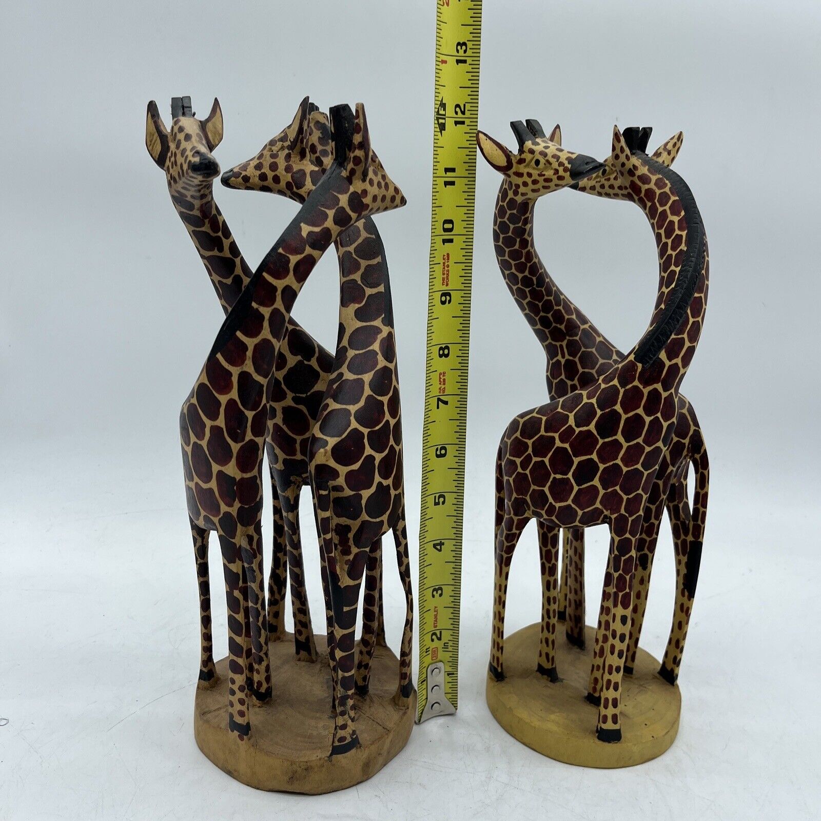 Set Of 2 African Artisans 2/3 Giraffes Wood Carved in a circle 12 inches Figures