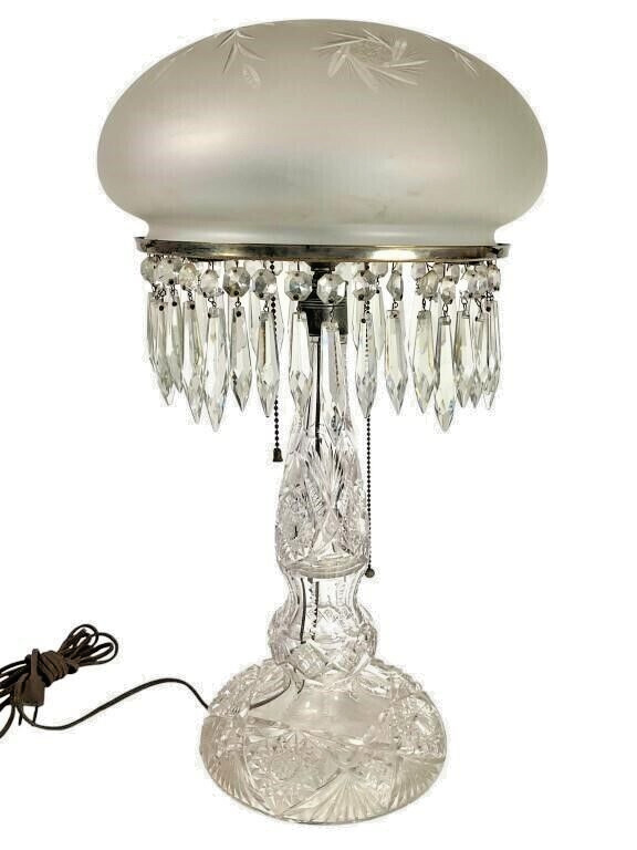 Antique ABP Brilliant Cut Crystal Table Lamp w/ Frosted Cut Shade & 40 Crystals