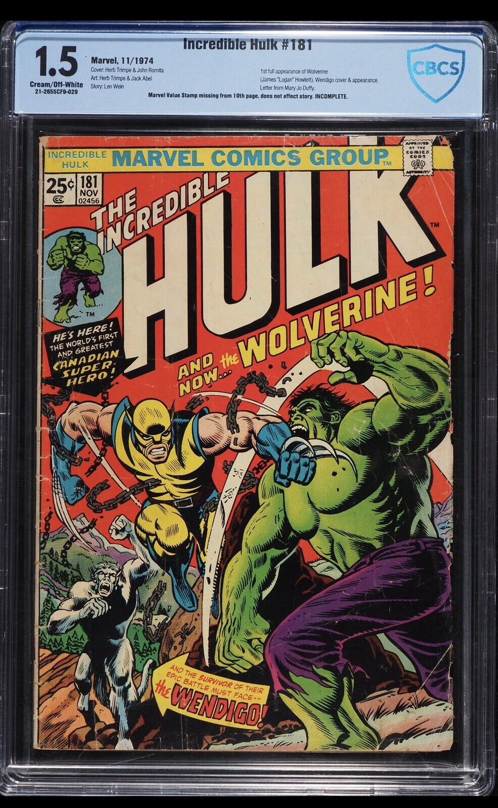 1974 Marvel Comics Incredible Hulk 181 CBCS 1.5. 1st Appearance of Wolverine MCU