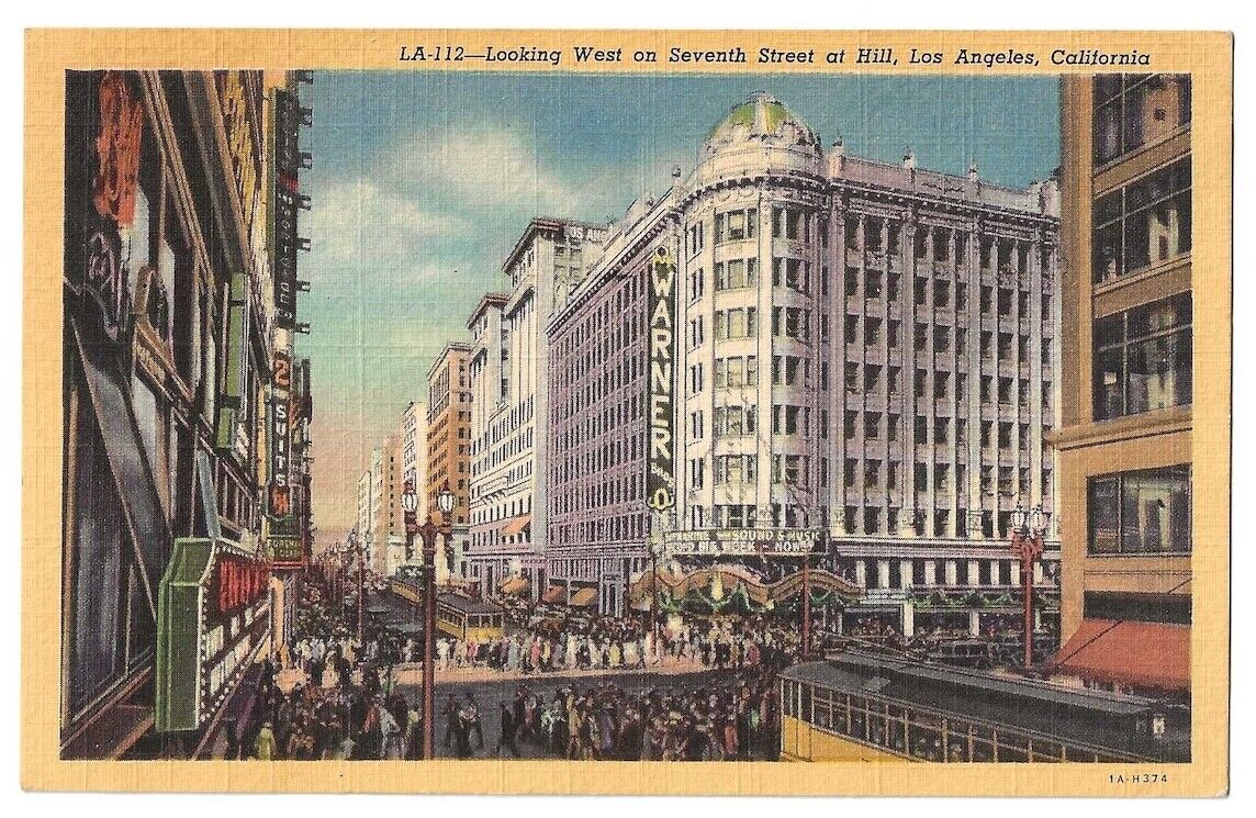 Los Angeles California c1940 Seventh & Hill, Warner Theater, vintage trolley