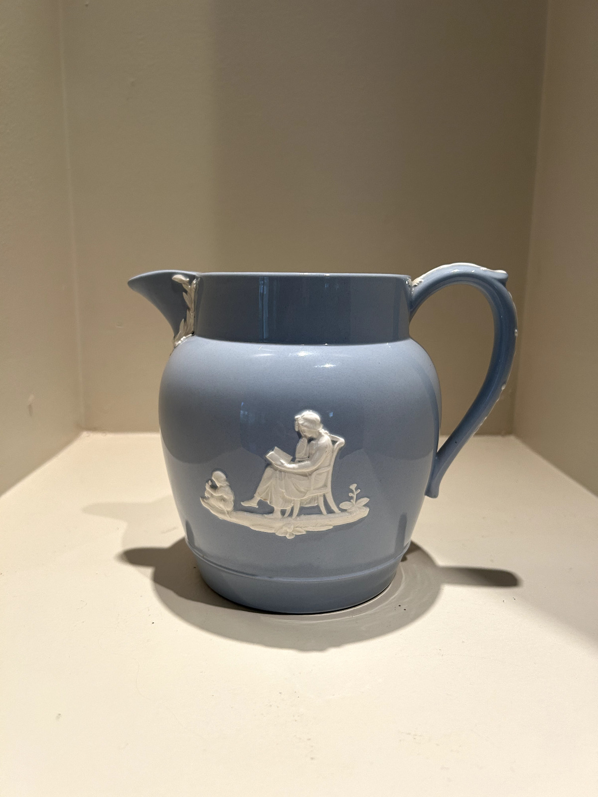 STUNNING Fine Antique Wedgwood of Etruria Cameo Relief Glazed Pitcher Blue 
