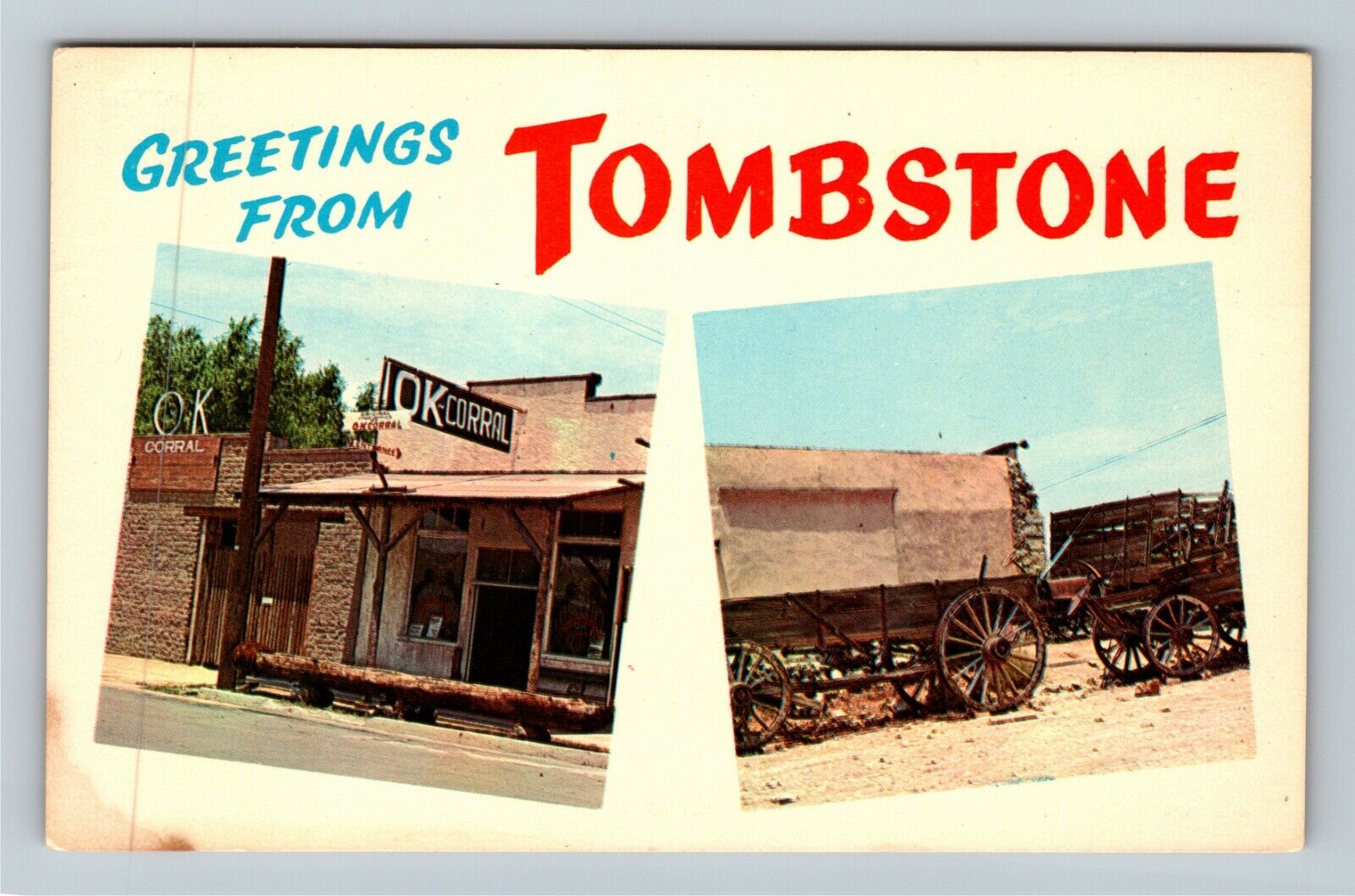Tombstone AZ-Arizona, Greetings, OK Corral, Wagon, Antique Vintage Postcard