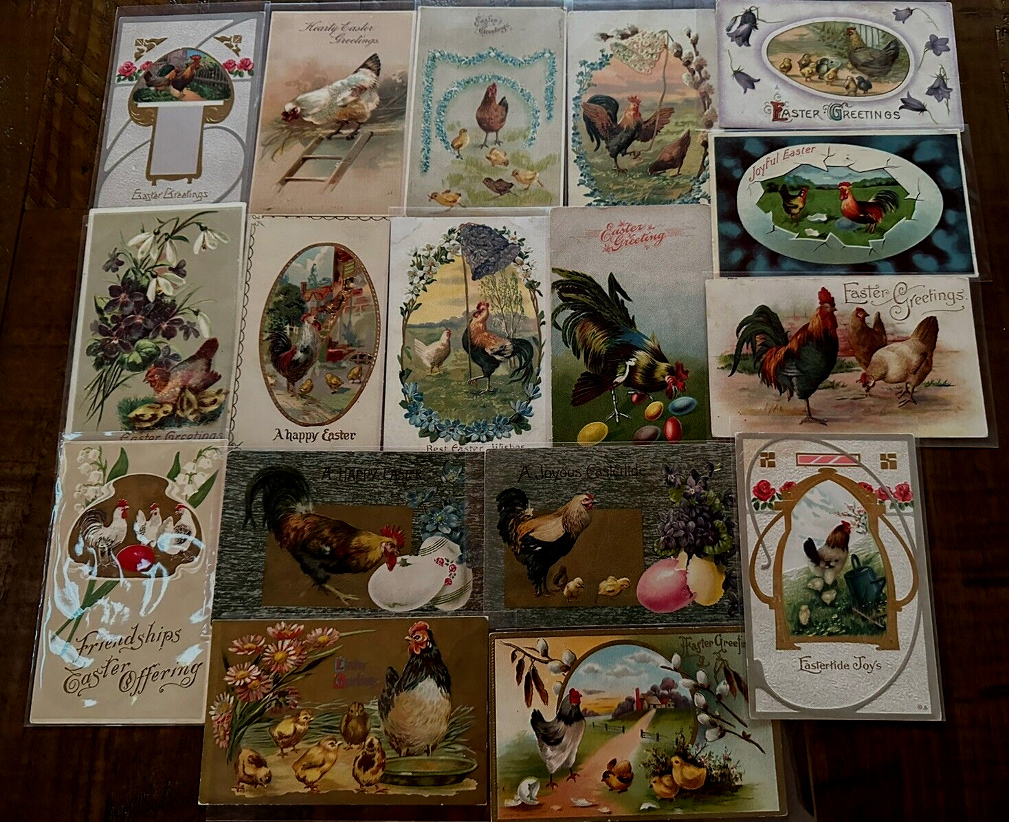 Lot of 17 ~Roosters~Hens~Chickens~ Antique Easter Postcards~in sleeves-k694