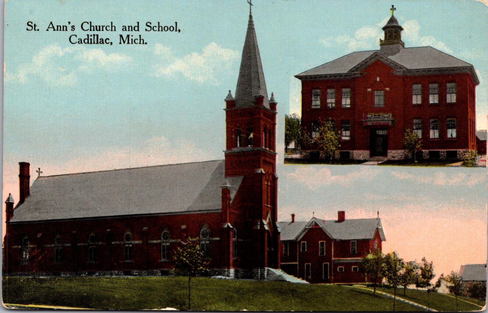 Postcard St. Ann's Church and School in Cadillac, Michigan