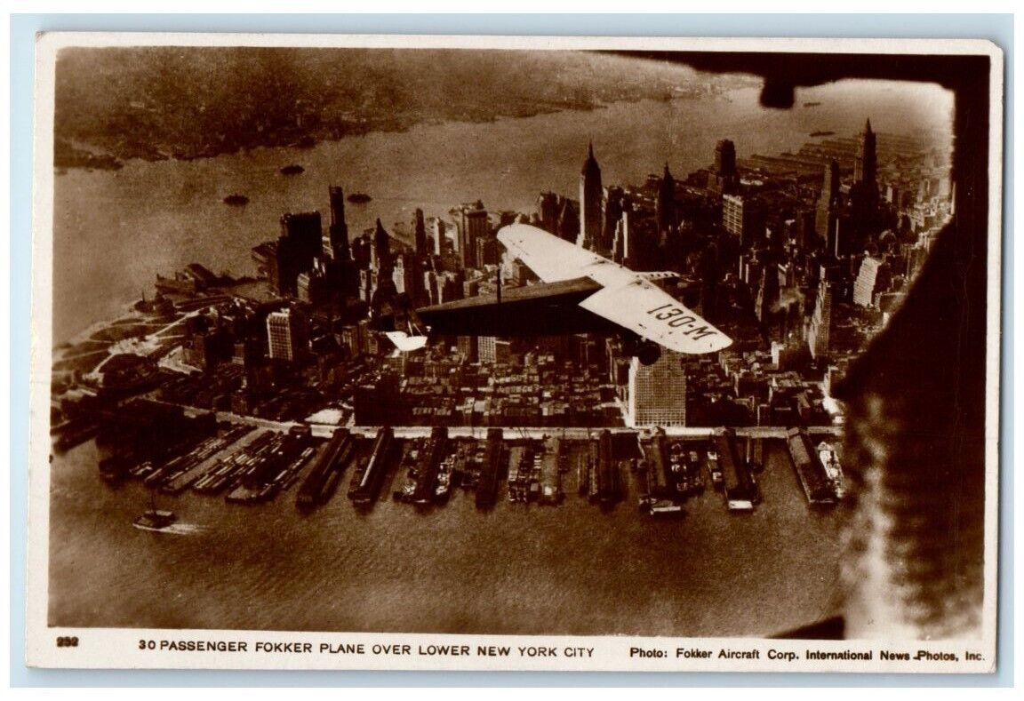 c1920's Fokker Airplane Aerial View Lower New York City NY RPPC Photo Postcard