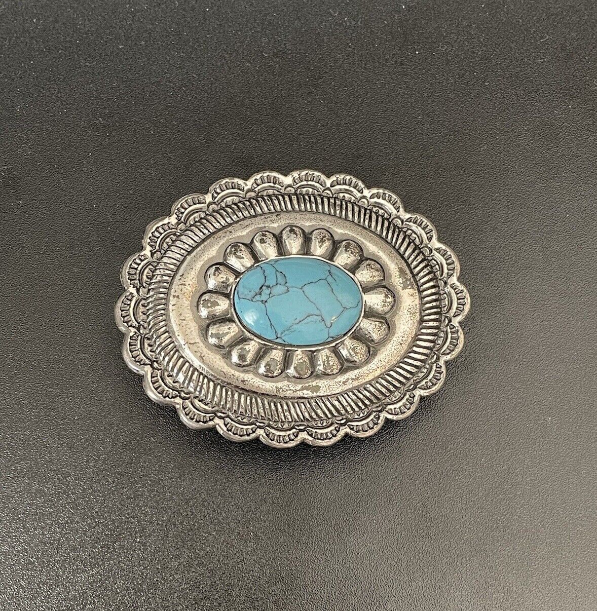 Vintage Blue Turquoise Stone Native American Indian Art Silver Belt Buckle