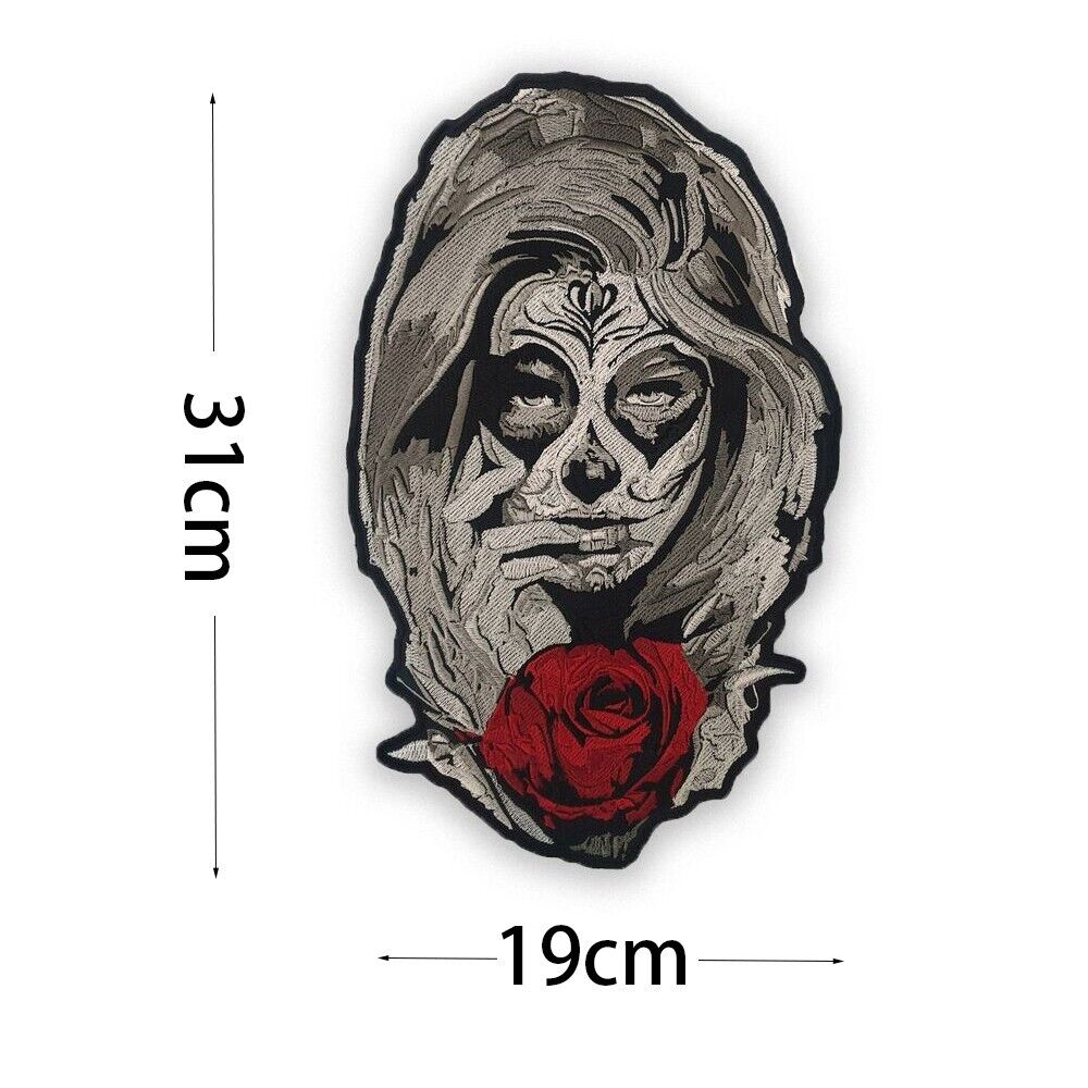 Girl and Rose Skull Patch Large Size Biker Iron On Patch Embroidered for Women