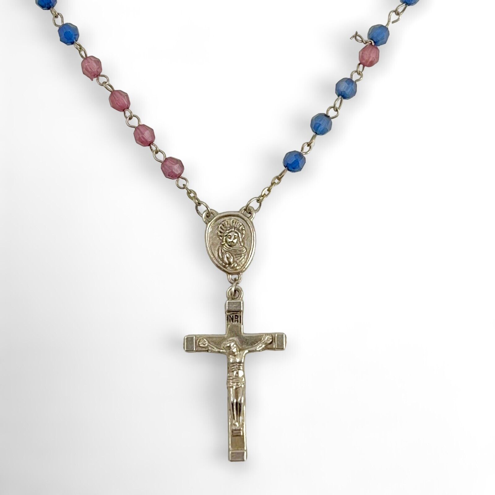  vintage~rosary beads crystal glass faceted Goldtone~ cross vintage blue-purple