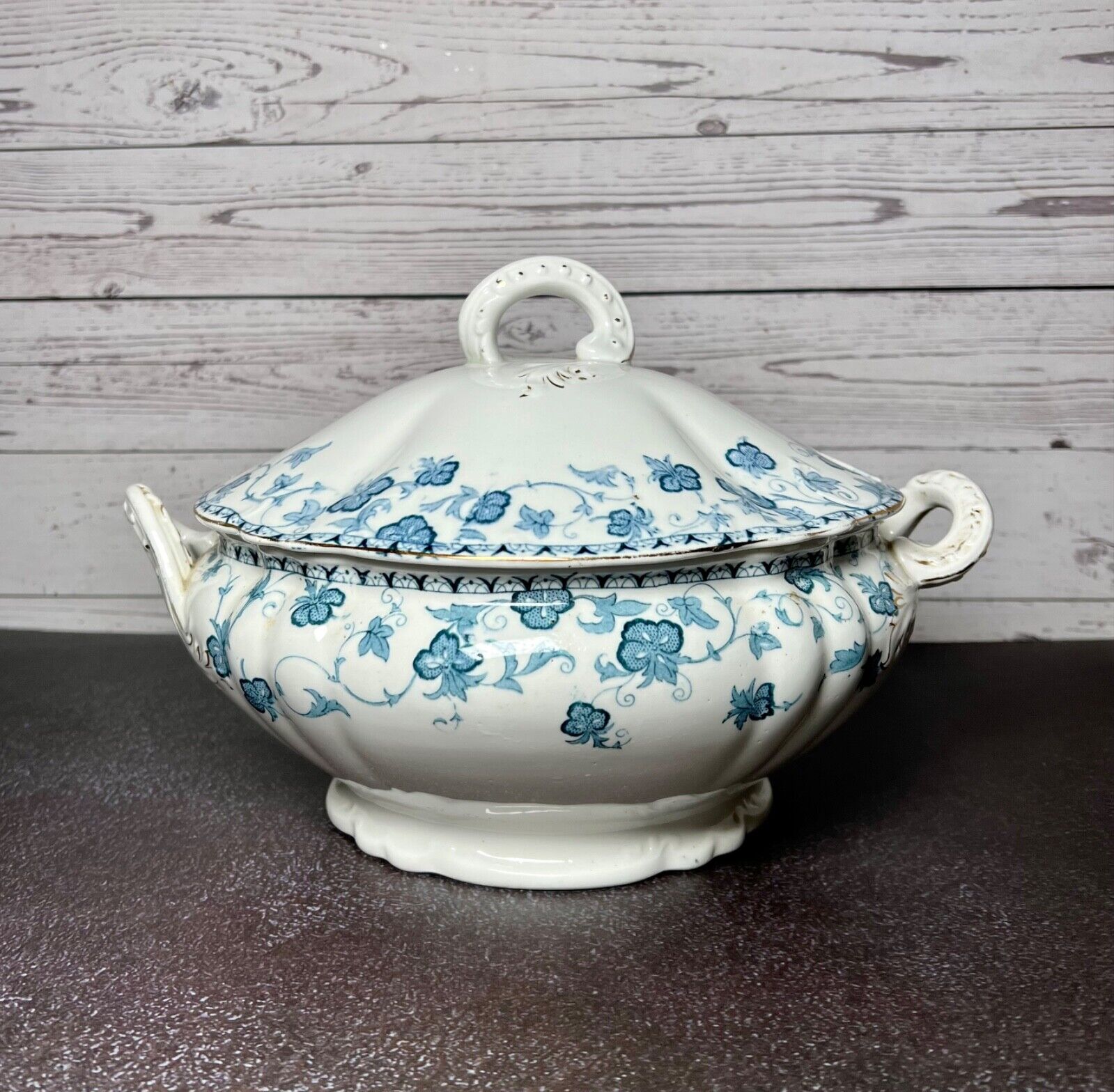 John Maddock & Sons Soup Tureen Antique Ironstone Blue Floral Pattern England