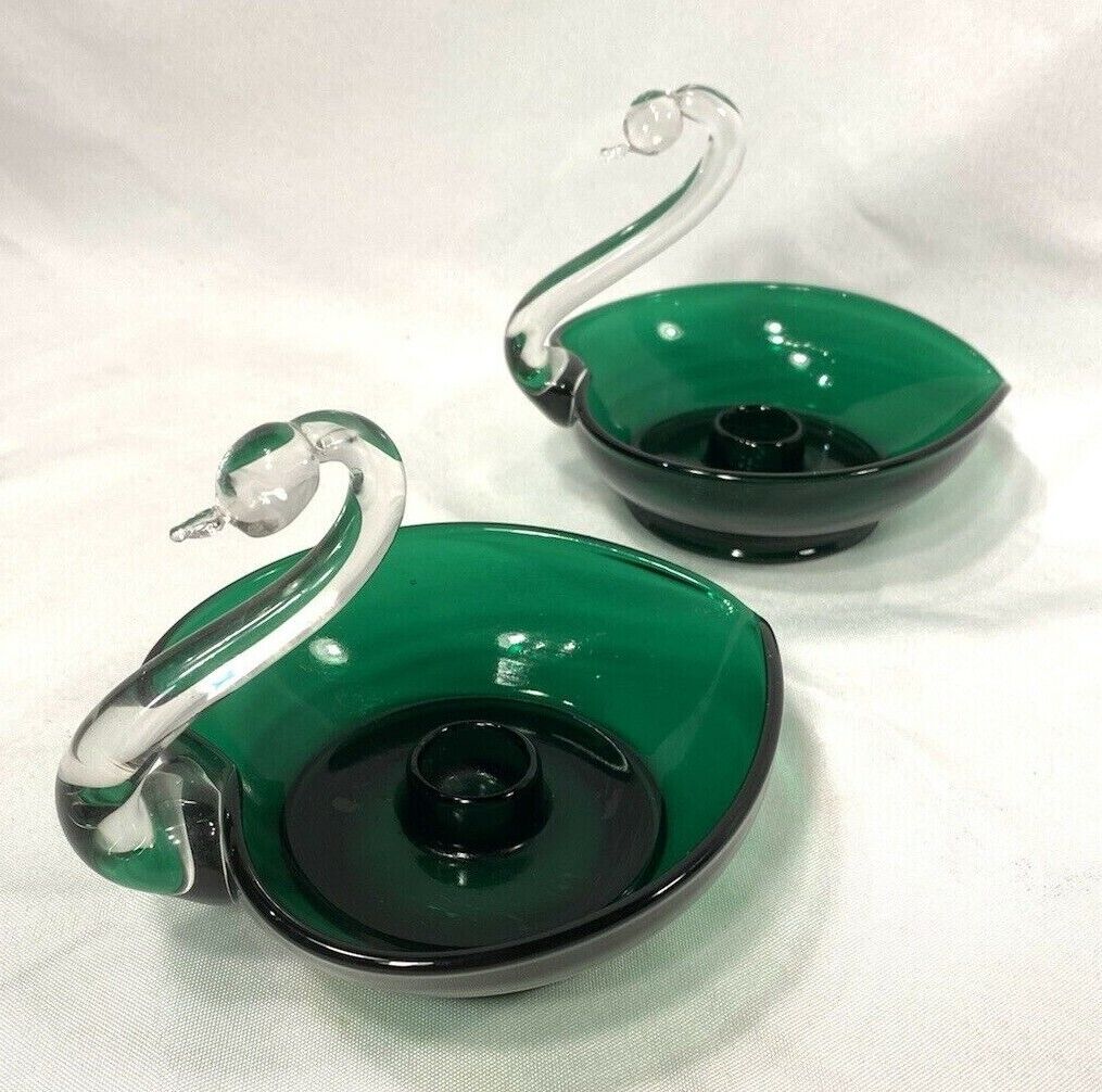 set of 2 vintage depression glass clear & green swan candle holders 