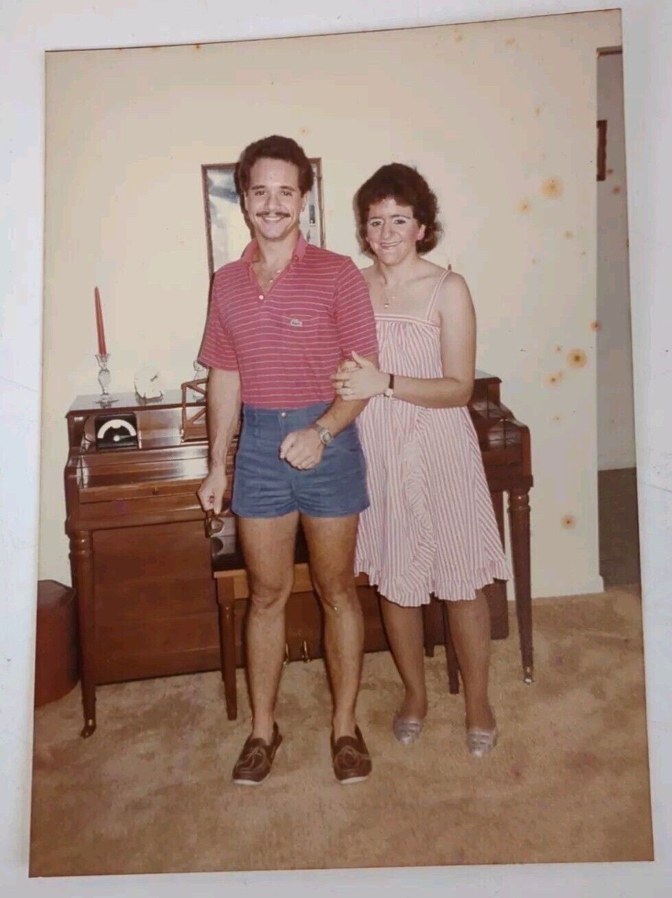 Vintage 1984 Found Photograph Original Photo Couple Guy Mustache Short Shorts